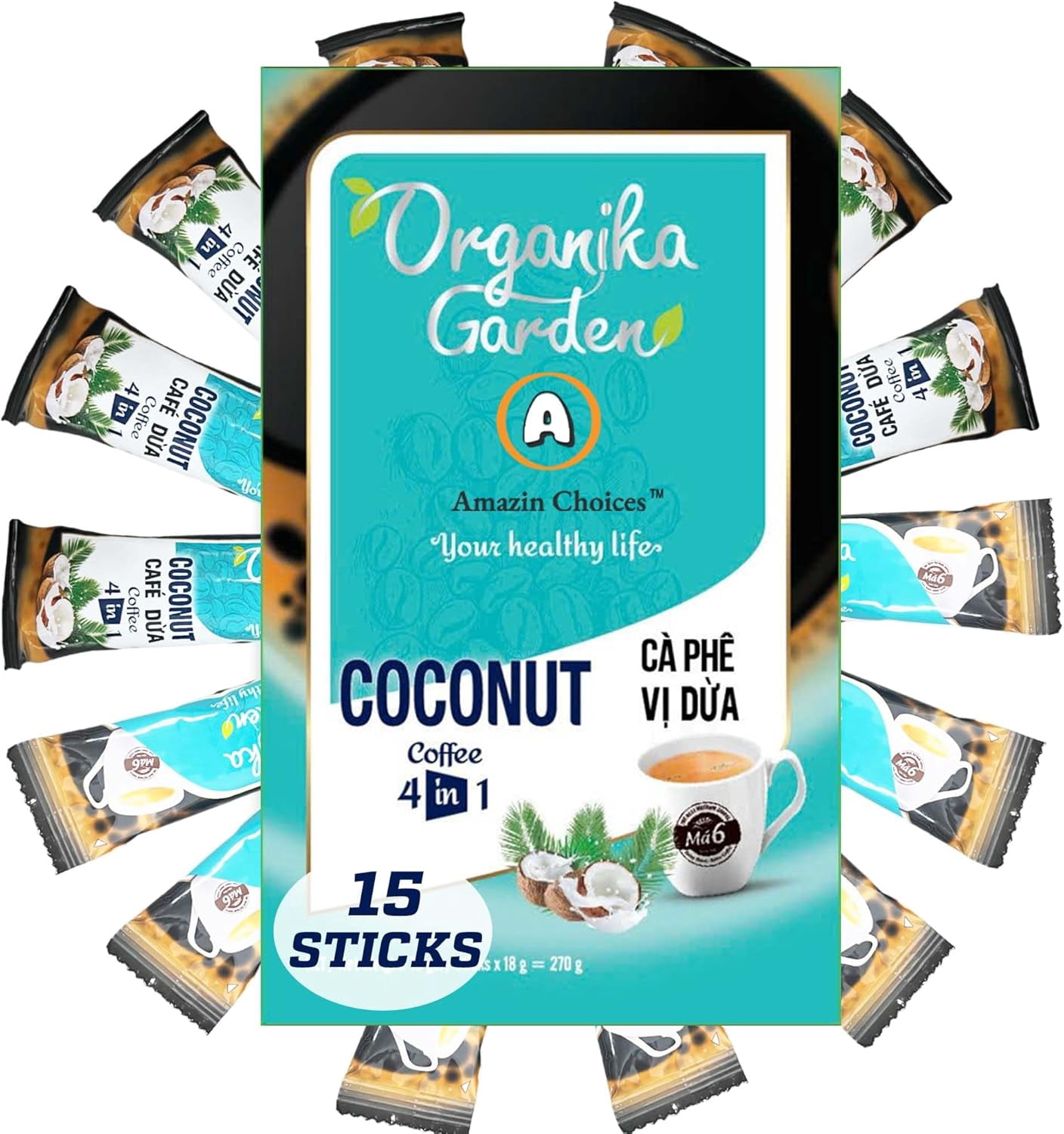 AMAZIN CHOICES Instant Coconut Coffee. Coconut Coffee 4-in-1 Single Serve Instant Coffee. No Soybeans added. Snack Viet - Coconut Coffee - Pack of One - 270g (15 Sachets x 18g)