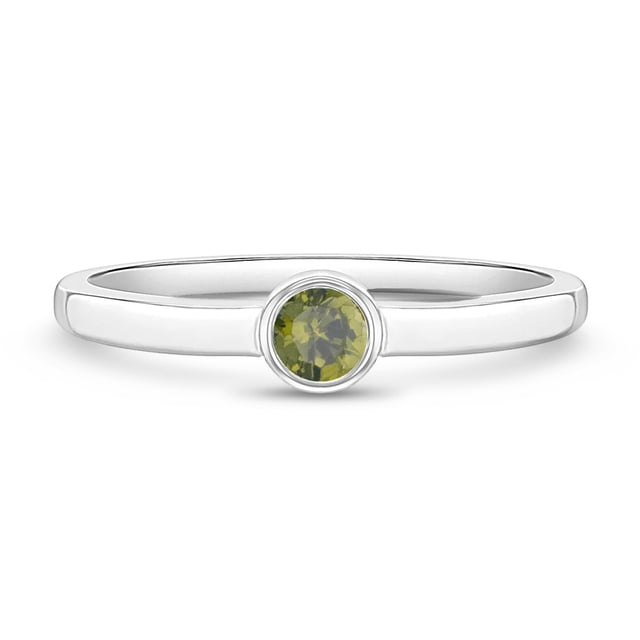 925 Sterling Silver Simulated Peridot Birthstone Ring for toddler girls, size 2. Features a light green cubic zirconia stone in a bezel setting on a hypoallergenic sterling silver band. Perfect for babies and toddlers with sensitive skin, packaged in a gift box. Suitable as an August birthstone gift.