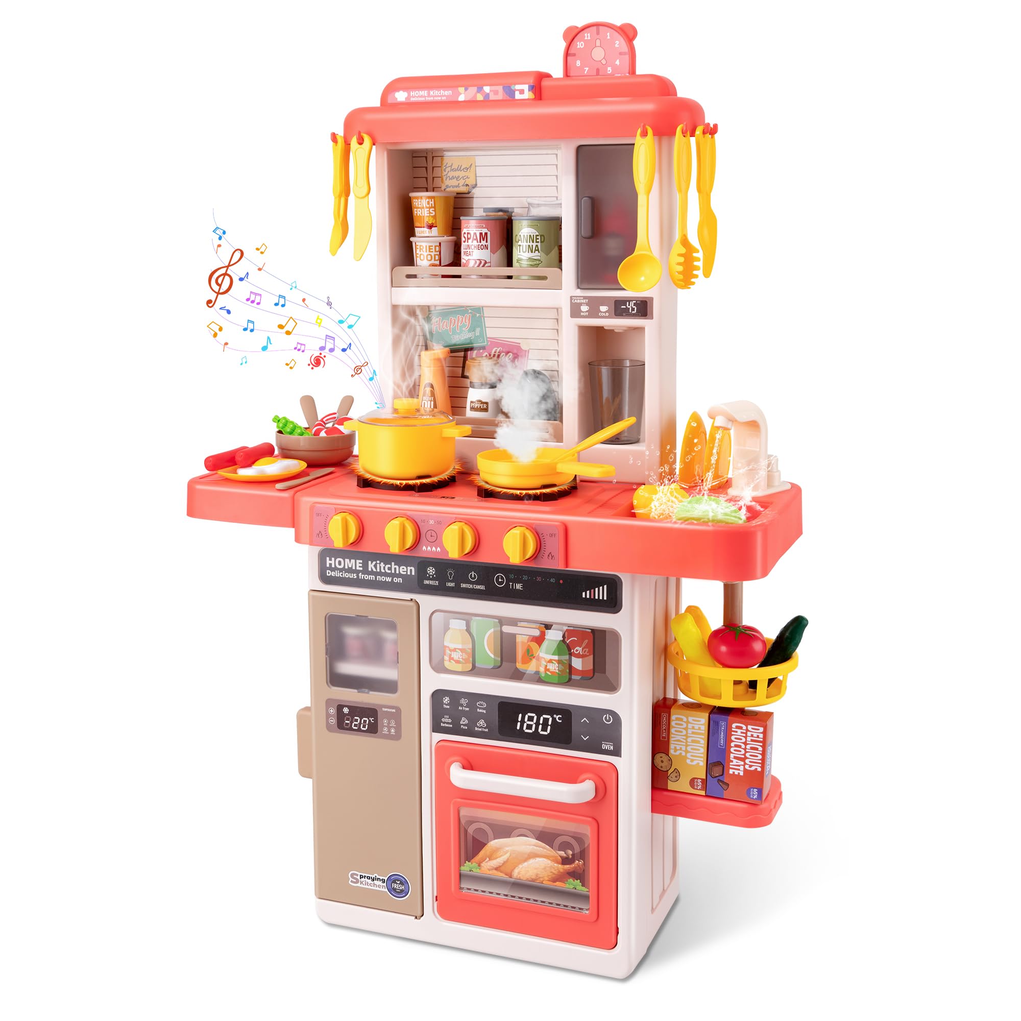 Kids Kitchen Play Set，Interactive Kids Kitchen Play Set with 50Pcs of Pretend Kitchen Toys，Realistic Sound Effects，and Simulated Fun