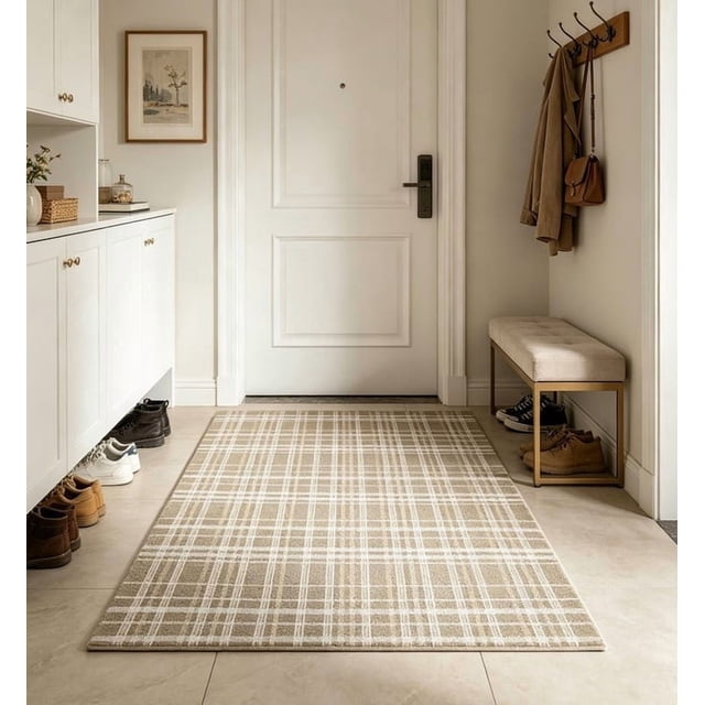 EGNMCR Tools&Home Improvement Plaid Indoor Area Rug Beige And White Checkered Washable Non Carpet For Living Room Bedroom a Floor