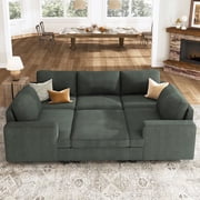 HONBAY Sectional Couch with Storage Ottoman, Corduroy Sleeper Sectional Sofa with Chaise for Living Room Furniture Sets, Green