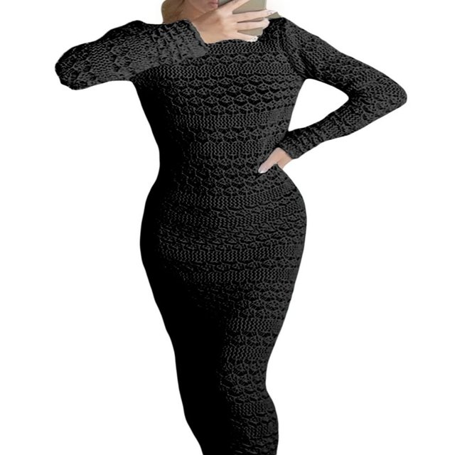 Robe Longue pour Femmes Manches Longues Crochet Uni Col Bateau Ajouré