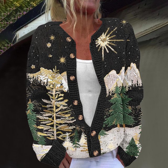 Jsaierl Womens Christmas Cardigan Sweaters Plus Size Dressy Long Sleeve Cute Printed Open Front Button Knit Outwear