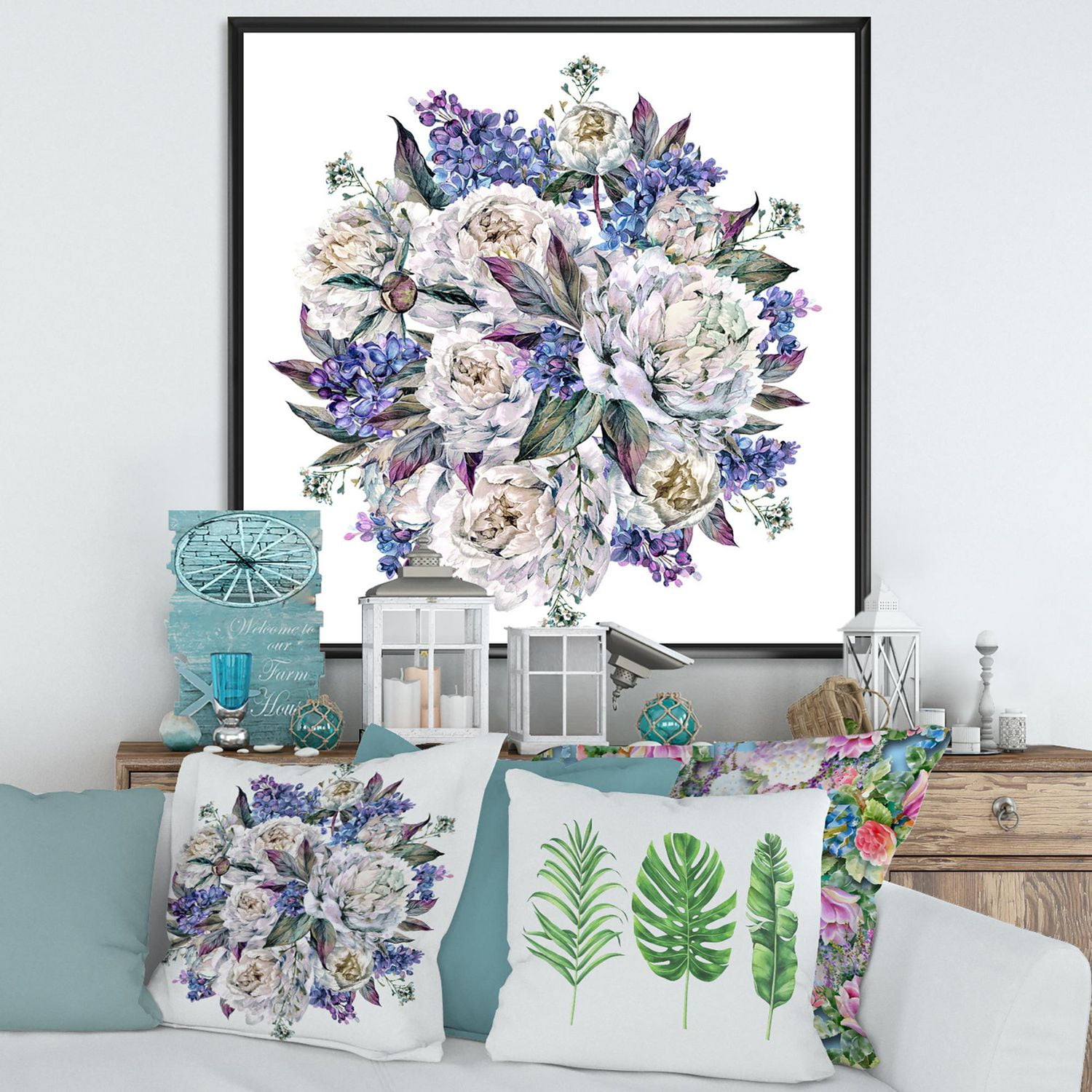Designart Bouquet Pivoines En Blanc Et Bleu ART MURAL À CADRE FLOTTÉ