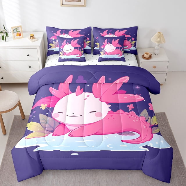 YST Kids Cute Axolotl Comforter Set, Cartoon Salamander Floral Leaves, Polyester, Queen (7 Count)
