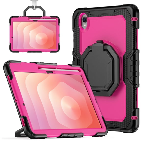 FJLBDE Case for Samsung Galaxy Tab S11 11 inch 2025, 360 Rotating Stand Handle Pencil Holder Shoulder Strap Heavy Duty Shockproof Cover, Rose PC
