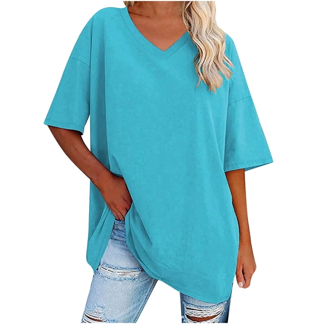Plebaso T-Shirts Surdimensionnés pour Femmes à Col en V à Manches Mi-Longues T-Shirts Décontractés Unis Confort Hauts Amples pour Femmes