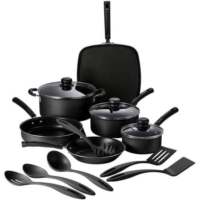 Tramontina Primaware 15-Piece Nonstick Cookware Set with Lids and Silverware Set, Aluminum Pots and Pans Set Non Stick for Home and Kitchen (Storm)