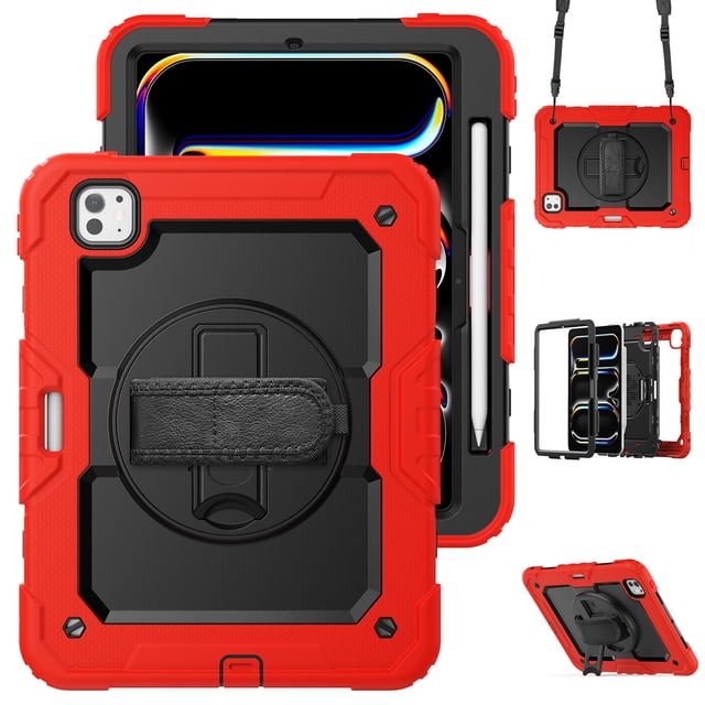XYX For iPad Pro 11 inch Case 2024 (M4), 360 Rotating Shockproof Cover with Stand, Screen Protector, Shoulder Strap, Red. This multi-layer protective case features shock-absorbing silicone corners, a rotating kickstand for adjustable viewing angles, and a detachable shoulder strap for portability. Includes a built-in stylus holder, compatible with iPad Pro 11 inch M4 2024 5th Generation.