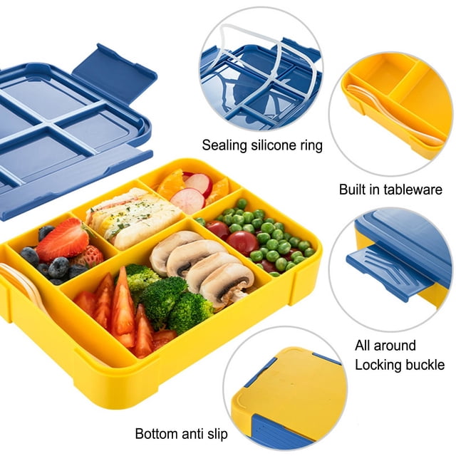 Zanvin Bento Box with 6 compartments, designed in yellow and blue, ideal for children's lunches and snacks. Features include a leak-proof silicone seal, built-in tableware, and secure locking buckles. The compartments are filled with assorted foods, demonstrating its organization and storage capacity. Microwave, dishwasher, and freezer safe.