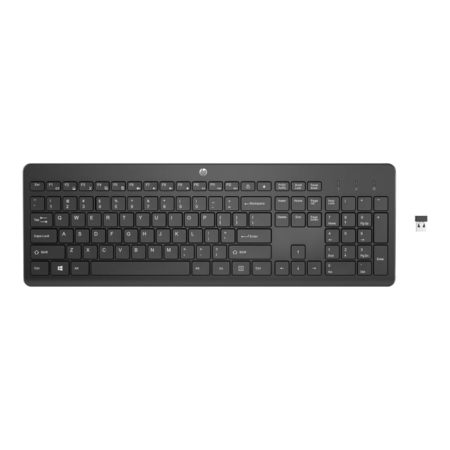 HP 230 BLK Clavier Sans Fil avec Disposition Pleine Grandeur Incluant Pavé Numérique, Touches chiclet à Profil Bas et Récepteur Sans Fil USB 2,4 GHz Séparé sur Fond Blanc, Conçu pour une Frappe Silencieuse avec une Autonomie de Batterie jusqu'à 16 Mois et une Portée Sans Fil de 32 Pieds, Idéal pour les Environnements de Bureau Ou de Classe.