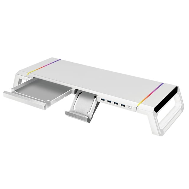 bedienty Support d'Ordinateur Support Surélevé Support d'Ordinateur Portable avec Tiroir de Rangement Support de Bureau avec 4 Ports USB Bureau Pliant Robuste Blanc