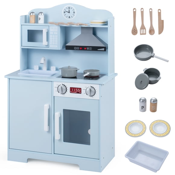 Costway Cuisine de Jeu pour Enfants, Ensemble de Cuisine en Bois avec Hotte de Cuisinière, Micro-Ondes, Évier Bleu