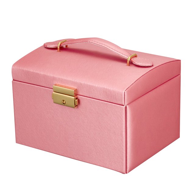Mefallenssiah Women's Jewelry Box Storage Box Leather Jewelry Storage Box with Lock Three-Layer Jewelry Box. A compact, pink leather jewelry box with a gold-tone lock and a sturdy handle on top. The box features a three-layer design with compartments for organizing necklaces, bracelets, earrings, rings, and other accessories. It includes a detachable suitcase in the bottom drawer for travel convenience and a built-in mirror for trying on jewelry. The soft velvet lining protects jewelry from scratches, and the lock provides added security. Dimensions: 17x12.5x12cm.
