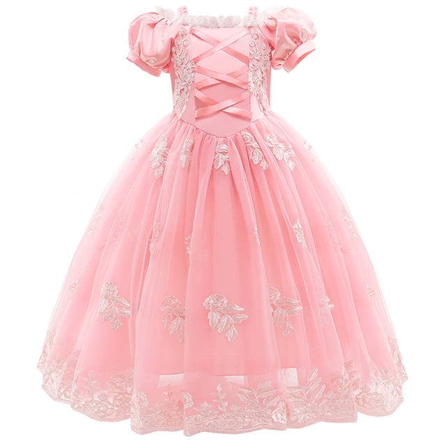 HAWEE Robe de Princesse Rose pour Fille Raiponce Cosplay Halloween Costume Manches Bouffantes Robes à Étages