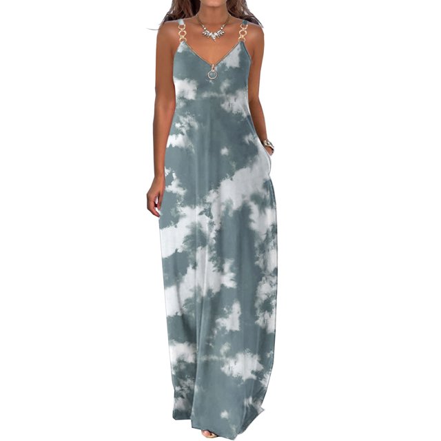 SMihono Robe d'Été Boho pour Femmes Grande Taille Robes d'Été pour Femmes Décontractées Boho Imprimées Cerceau Bretelles Plage Longue Maxi Robe avec Poches