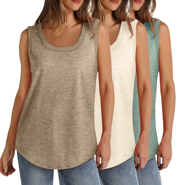 Plebaso Lot de 3 Débardeurs pour Femmes Décontractés d'Été Sans Manches Amples Col Rond T-Shirts Basiques pour Dames