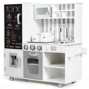 Gymax Cuisine en Bois pour Enfants, Ensemble de Jeu de Cuisine Factice, Jouets de Cuisson avec Ustensiles, Sons et Bloc-Notes