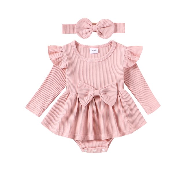 FOCUSNORM Tenue de Printemps pour Bébé Fille Nouveau-Né Robe à Manches Longues Col Rond avec Nœud et Bandeau Vêtements d'Automne pour Nourrisson