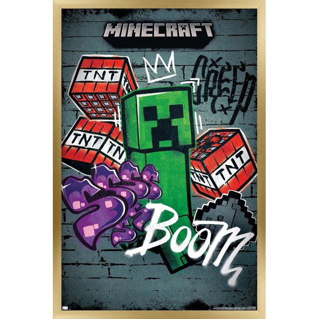 Minecraft - Creeper Do Not Enter Wall Poster, 22.375" x 34" featuring a front-facing green pixelated Creeper character surrounded by red TNT blocks and graffiti-style text including a white crown and the word 'Boom' on a gray brick wall background, printed on glossy paper with a light wood frame, suitable for bedroom or office wall decor.