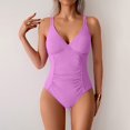 thumbnail image 1 of UPPADA Women's V-Neck One Piece Swimsuit Ruched Tummy Control Bathing Suit One Piece Cute Solid Color Swimsuit Casual Basic Shoulder Straps Swimwear Clearance Purple,Xxl, 1 of 8