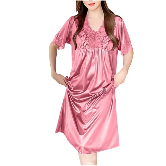 Women's Satin Pajama Dress Silk Lace V Neck Short Sleeve Nightgown Soft Elegant Knee Length Sleep Shirt