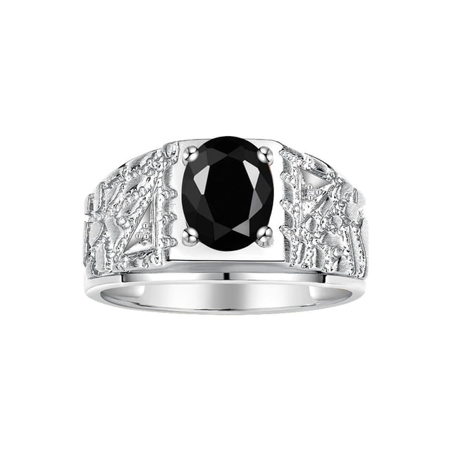 RYLOS Men's Rings 14K White Gold Designer Nugget Ring Oval 9X7MM Gemstone & Diamonds Onyx October Birthstone Rings For Man Size 13