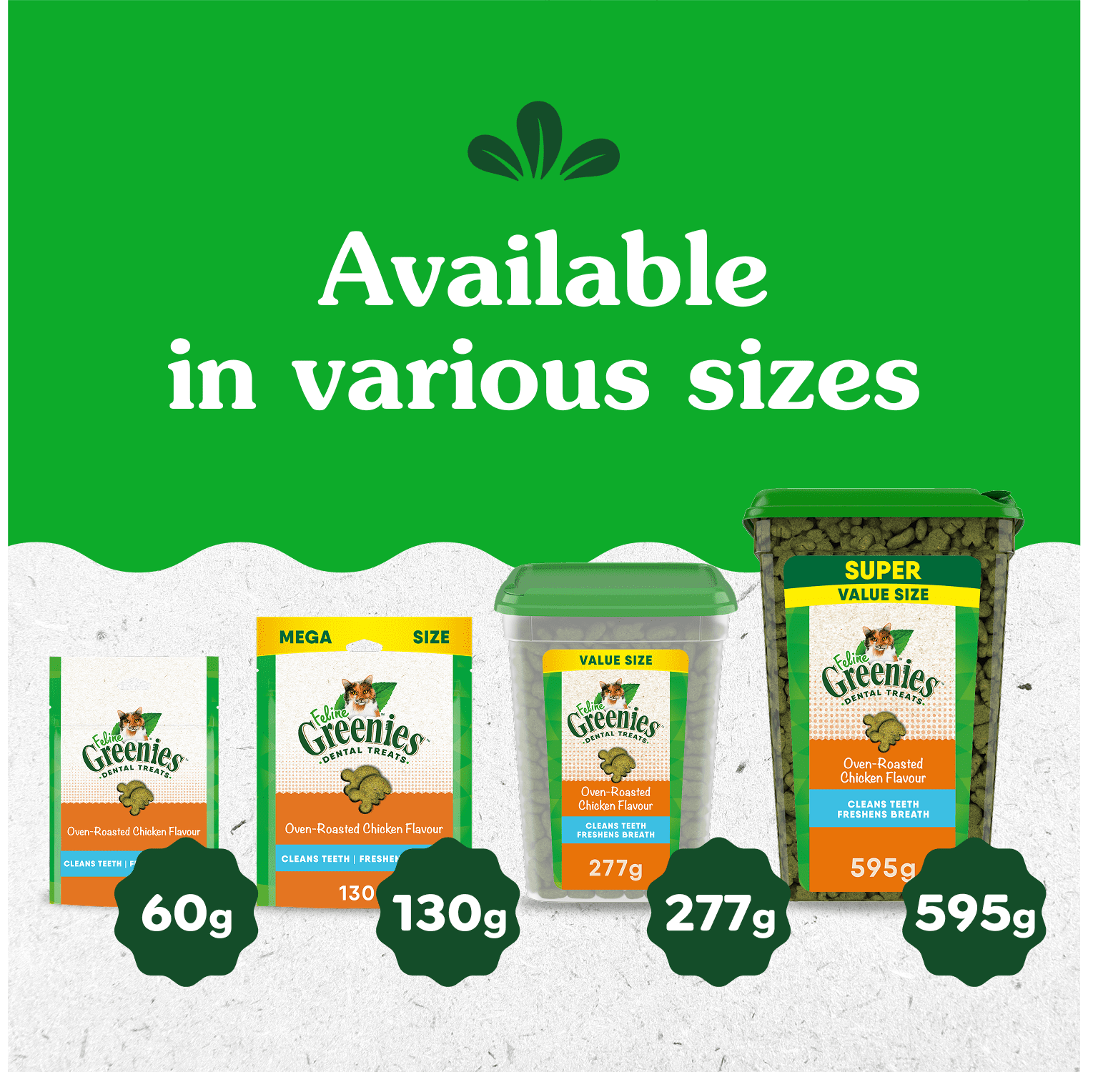 Gâteries dentaires pour chats adultes FELINE GREENIES saveur de poulet rôti au four en format très économique, contenant de 595 g (21 oz)