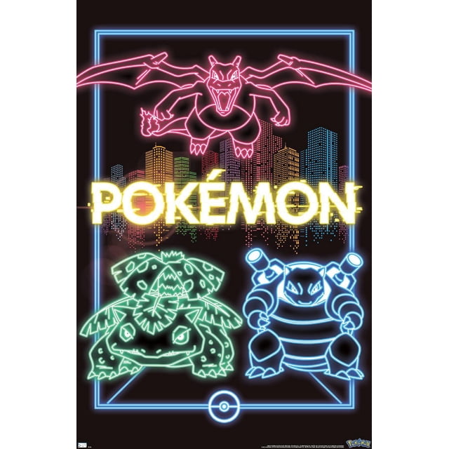Pokémon - Affiche Murale de Groupe Néon, 14,725 Po x 22,375 Po Encadrée avec des Contours Néon de Charizard en Rose au-Dessus du logo Pokémon Jaune Lumineux, avec Venusaur en Néon Vert à Gauche et Blasttoise en Néon Bleu à Droite, sur Fond Noir avec un Cadre Rectangulaire Néon Bleu et une skyline de Ville Néon Multicolore, Idéale pour la Décoration Murale de Chambre Ou de Bureau.