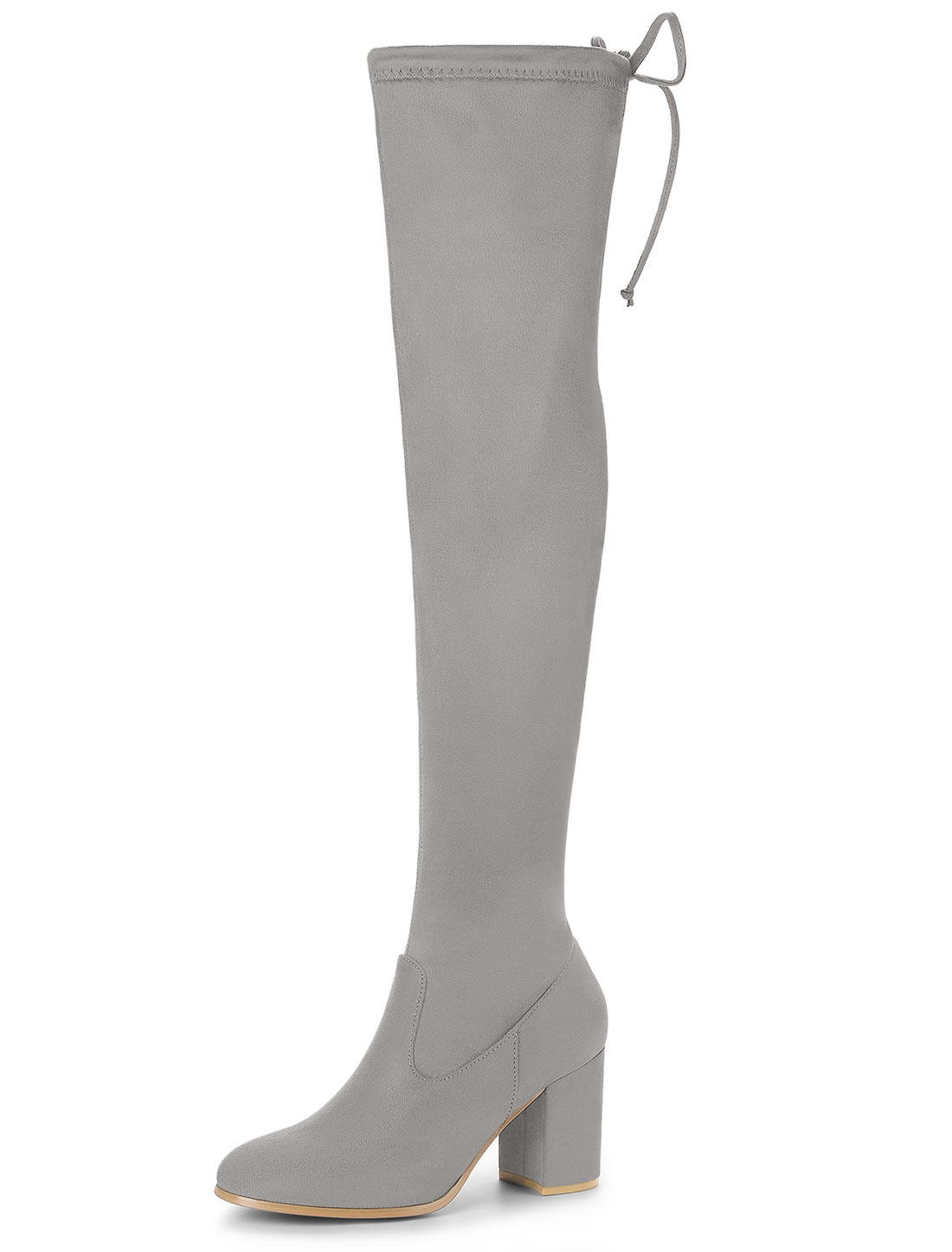 Unique Bargains Bottes Cuissardes à Talon Épais à Bout Rond pour Femme Gris 8,5