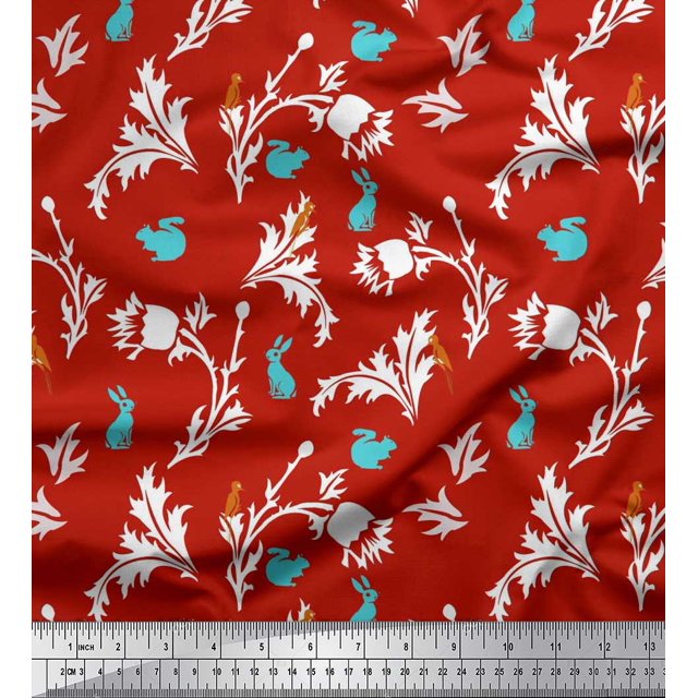 Soimoi polyester Crepe Fabric Leaves,Floral & Rabbit Animal Print Fabric by the Yard 52 Inch Wide