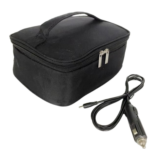Lipstore Generic Electric Lunch Box Food Heater for Car Electric Heated Lunch Box. A black, portable heated lunch box made of waterproof and wear-resistant Oxford cloth, featuring a zippered closure and a sturdy handle for easy carrying. Includes a car charging cable for convenient heating during travel. Dimensions: 23cm x 19cm x 9cm (9.06in x 7.48in x 3.54in).