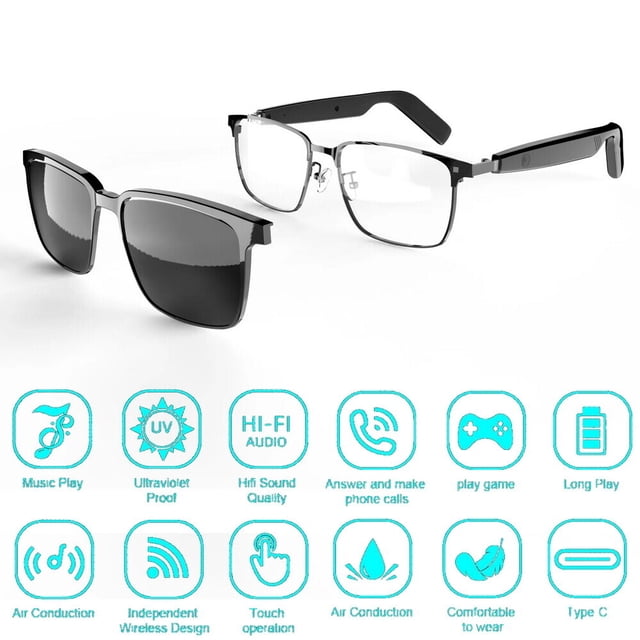 Smart Glasses Bluetooth Audio Sunglasses Call & Music Headset Open Ear Headphone with interchangeable magnetic lenses for blue light protection and UV400 sunglasses. Features touch controls for hands-free calling, music playback, and voice assistant activation. Lightweight titanium frame with IPX4 waterproof design, suitable for outdoor activities like biking, running, and driving. Equipped with Bluetooth 5.4, 360° spatial audio, and long battery life with USB-C fast charging. A versatile smart wearable technology combining open-ear audio glasses and headset functionality.