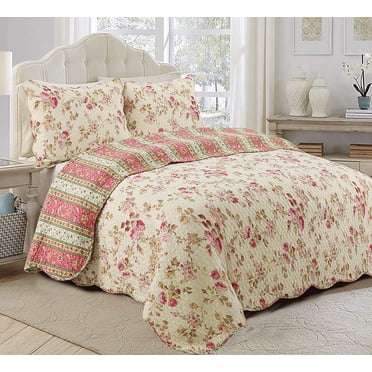 Cozy Line Home Fashions Rose Garden Vintage Floral Pink Khaki 100% Cotton Reversible Quilt Bedding Set, Coverlet Bedspread (Vintage Rose, Queen - 3 Piece)