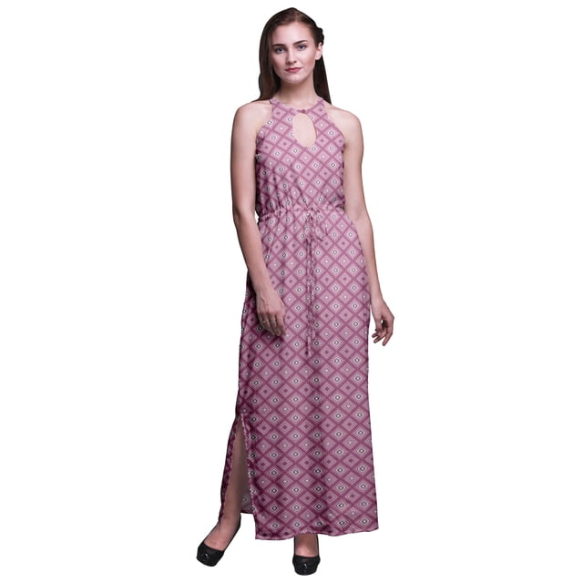 Bimba Geometric Women Printed Crew Neck Side Slits Halter Dress Long Evening Gown-Medium
