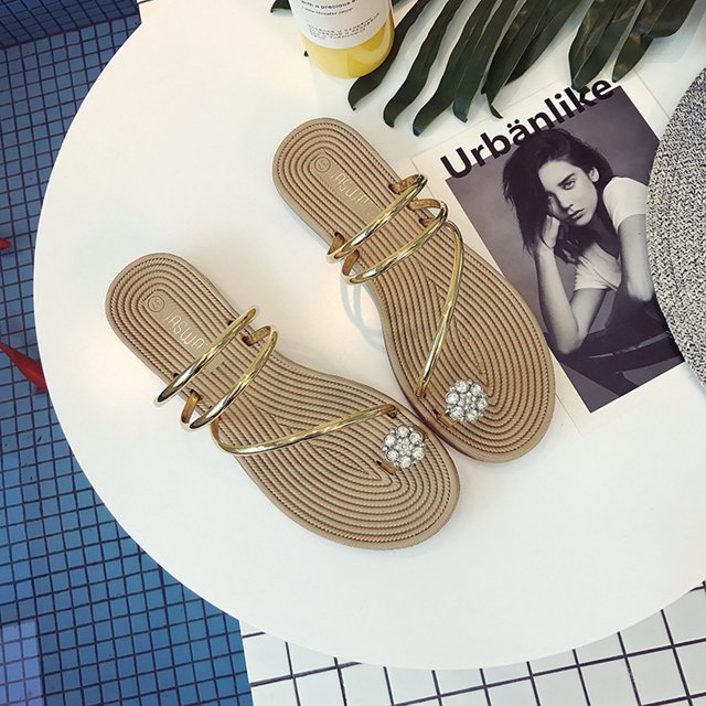 LSLJS New Set Toe Women's Roman Style Flat Bottom Diamond Herringbone Women's Slippers