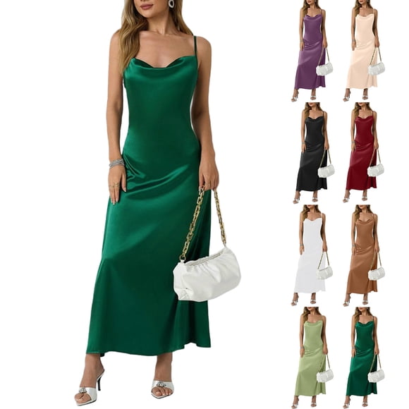 Mceream Women's Ruched Bodycon Midi Dresses Spaghetti Strap Long Slip Satin Silk Midi Dress Backless Evening Party Wedding Guest Cocktail Dress Green L