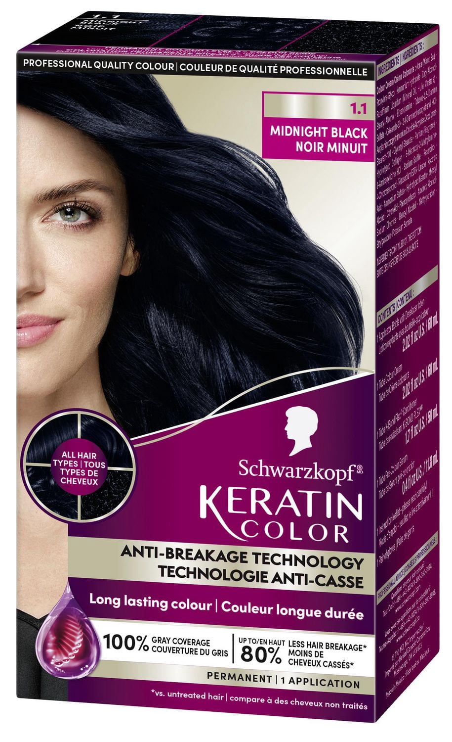 Schwarzkopf Keratin Color Permanent Hair Color Cream, 1.1 Midnight Black