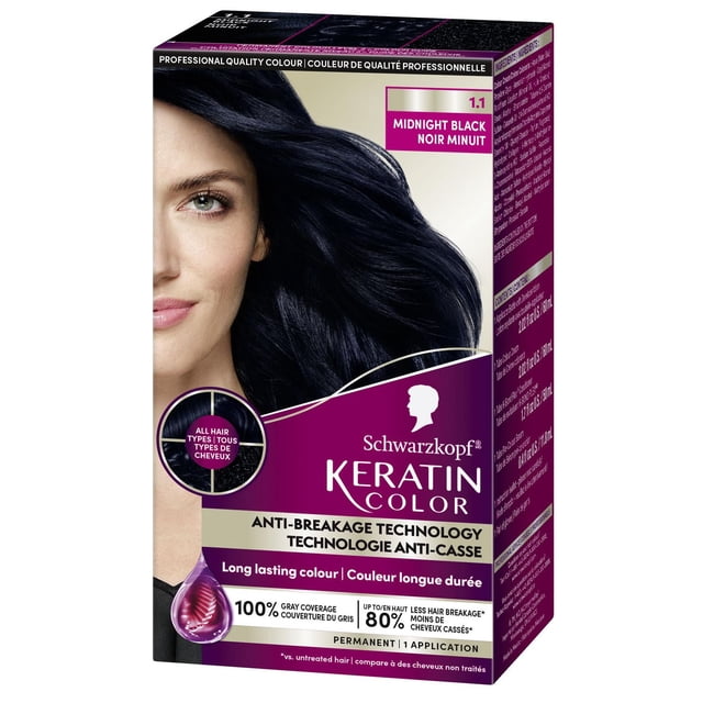 Schwarzkopf Keratin Color Permanent Hair Color Cream in 1.1 Midnight Black, featuring anti-breakage technology that reduces hair breakage by up to 80% and delivers 100% gray coverage, suitable for all hair types with long-lasting colour in a purple and black box.