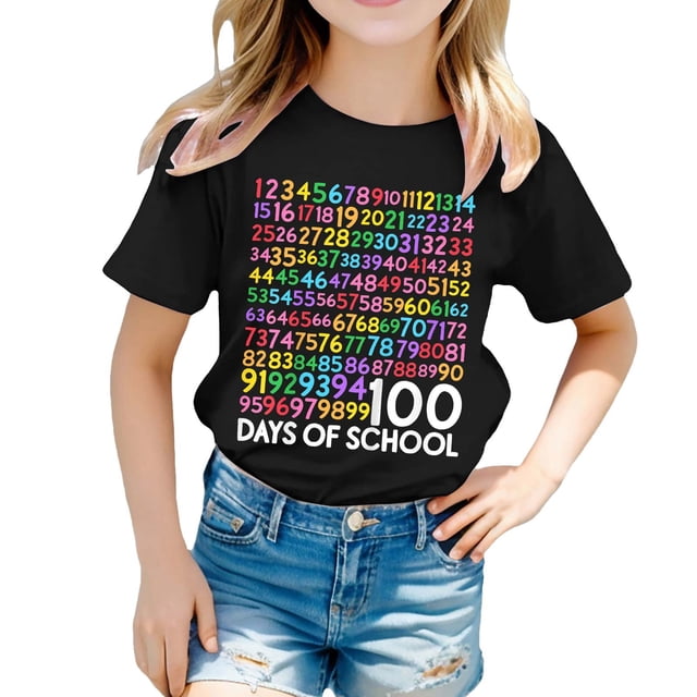 PMVFHDE T-Shirts Fille T-Shirt Décontracté Imprimé à Col Rond à Manches Courtes T-Shirt Chemise Décontractée Noir, 5-6 Ans