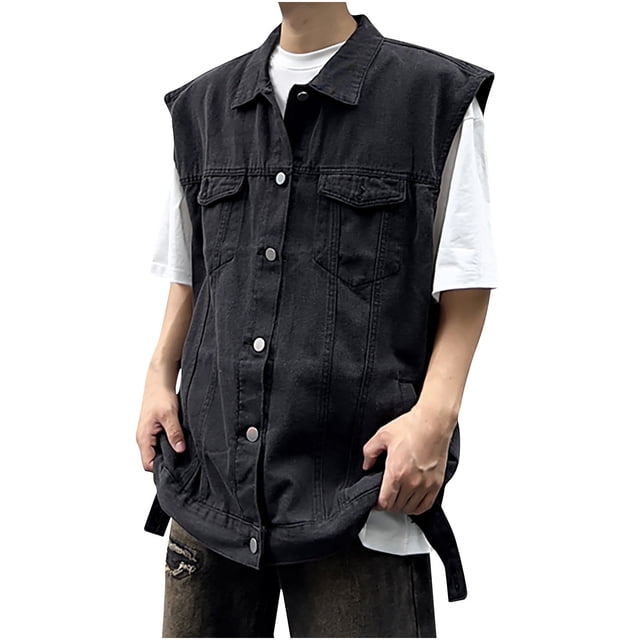 Birdeem Vestes pour Hommes Hommes Couleur Unie Moto Col Rabattu Denim Punk Veste Sans Manches