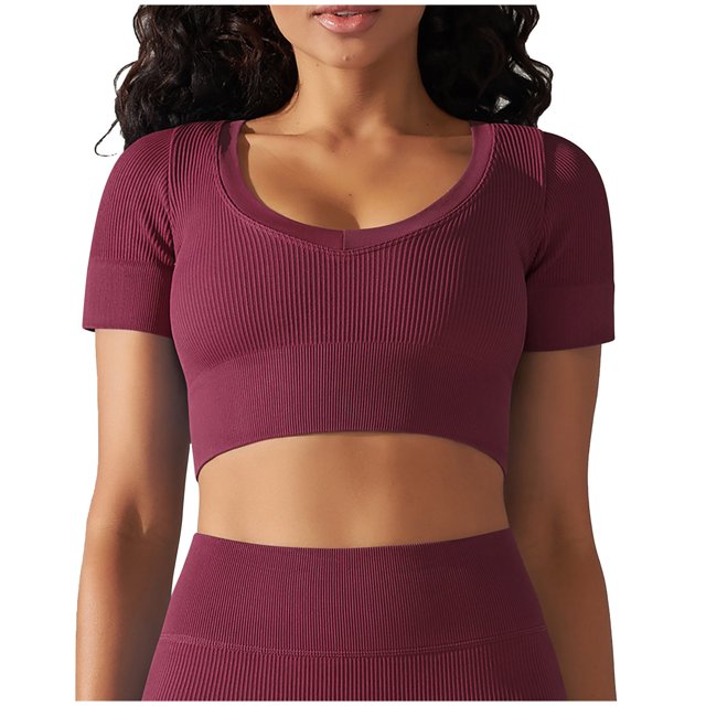Besolor Womens Short Sleeve Cropped Workout Tops Round Neck Ribbed Knit Athletic Yoga Running Slim Fitted Gym Shirts