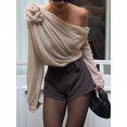 thumbnail image 3 of Gupgi Women Ruched Chiffon Tops One Shoulder Long Sleeve 3D Floral Mesh Shirt Solid Color Blouse, 3 of 9