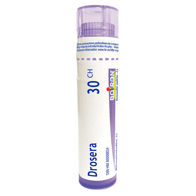 Boiron Drosera 30CH homeopathic medicine in a 4g tube containing approximately 80 quick-dissolving, unflavored pellets. The compact tube features a hygienic dispenser cap for precise dosing and is suitable for adults, children, and infants. Ideal for travel or daily use, this natural health product provides about five days of treatment at standard dosage.