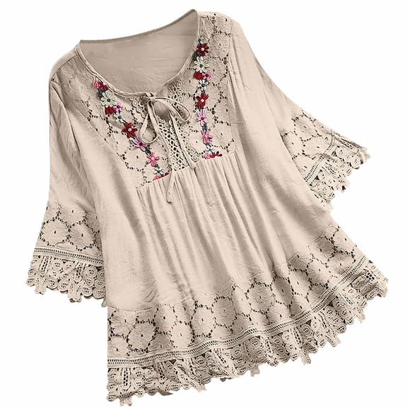 lcziwo Sales Today Clearance Plus Size Blouses for Women Cotton Linen Elegant Blouse Lace Embroidery V Neck Shirts 3/4 Sleeve Tops Loose Tunic T-Shirt 2024 Beige,XXL
