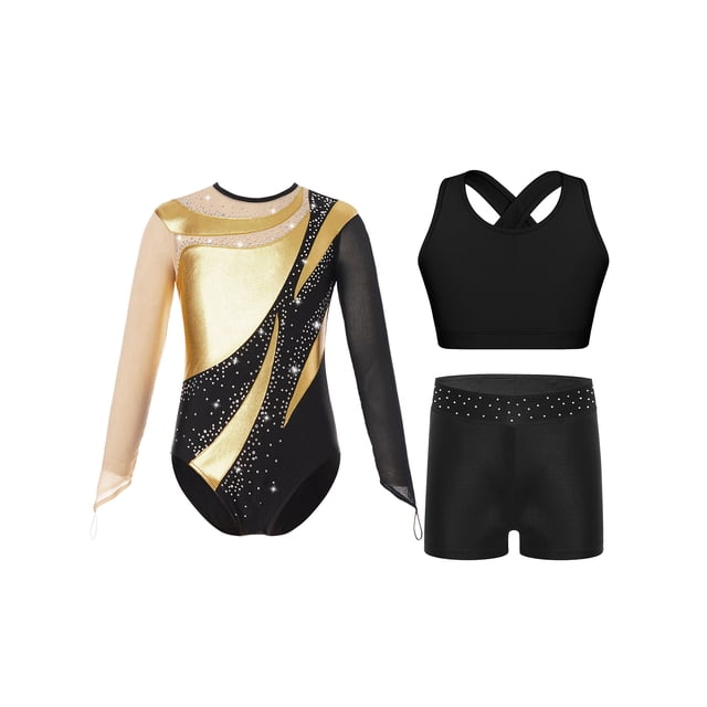 Zaldita Kids Girls Gymnastics Leotards Shiny Rhinestones Mesh Back Keyhole Unitards Jumpsuits with Crop Tops Shorts Gold 16
