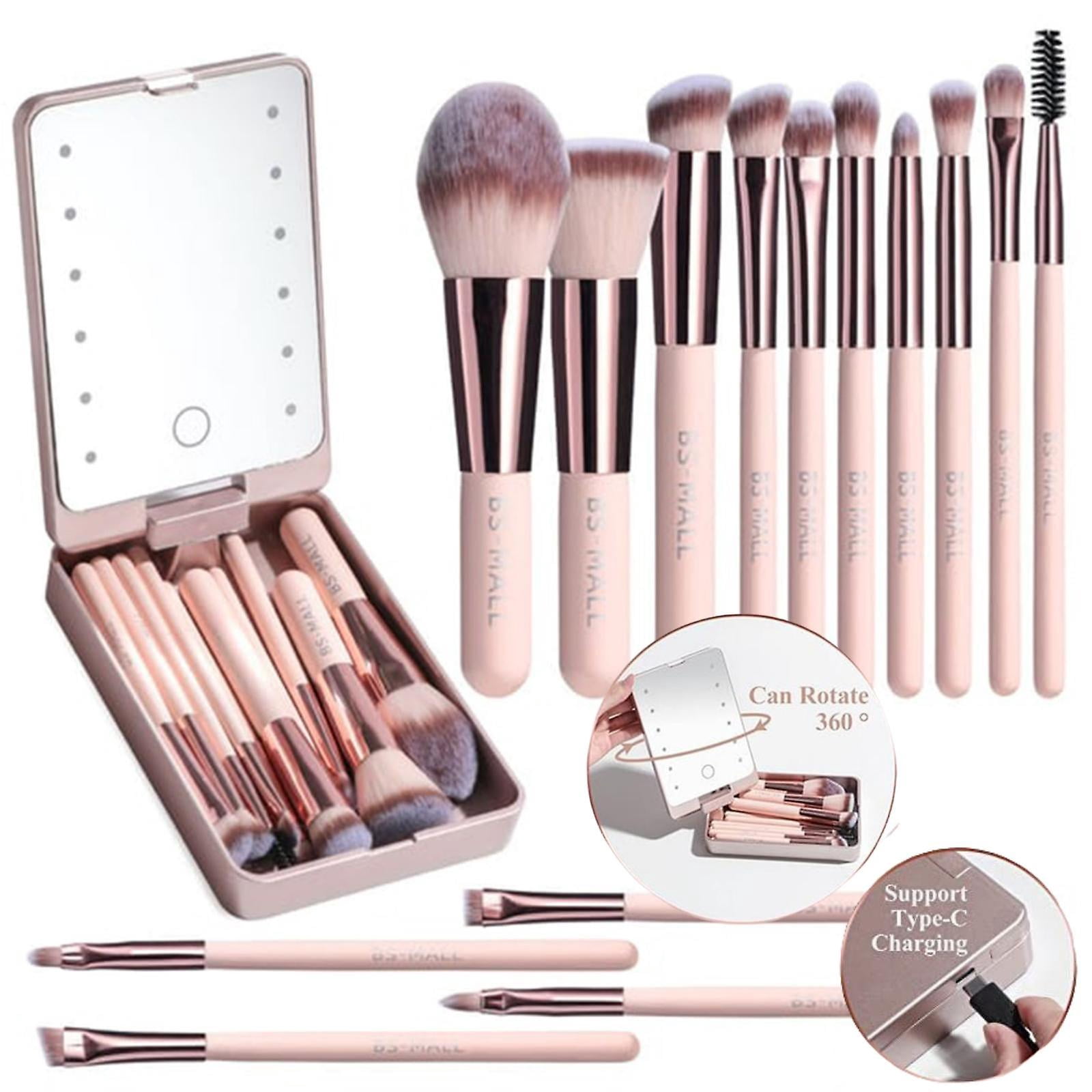 Travel Mirror With Light, Travel Make Up Accessories, Function Cosmetic Brushes Kit Makeup Brush Set For Women White
