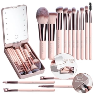 Miroir de voyage avec lumière, Accessoires de maquillage de voyage, fonction brosses cosmétiques Kit de brosse de maquillage pour les femmes blanc