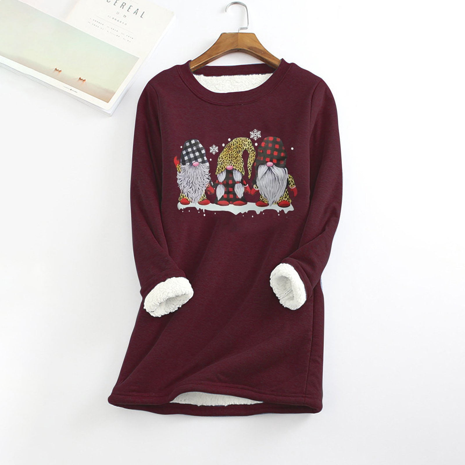 Chandails en Molleton pour Filles Femmes et Hiver Décontracté Mode Tempérament Peluche Chaude sous-Couche Imprimé de Noël Manches Longues Col Rond Hauts Tenue de Voyage pour Femmes en Liquidation