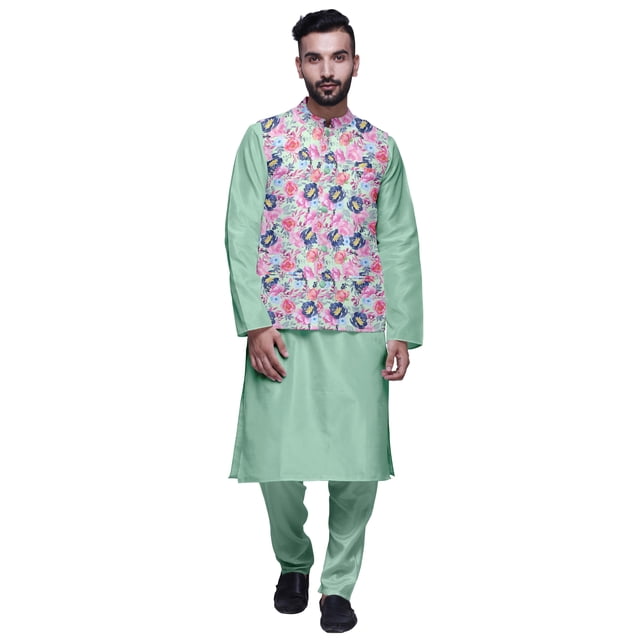Atasi Mandarin Collar Traditional Solid Kurta Pajama with Printed Jacket Set
